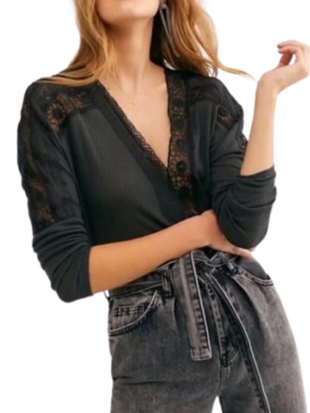 Free People Lola Lace Yoke V-Neck Long Sleeve Top in washed black XS